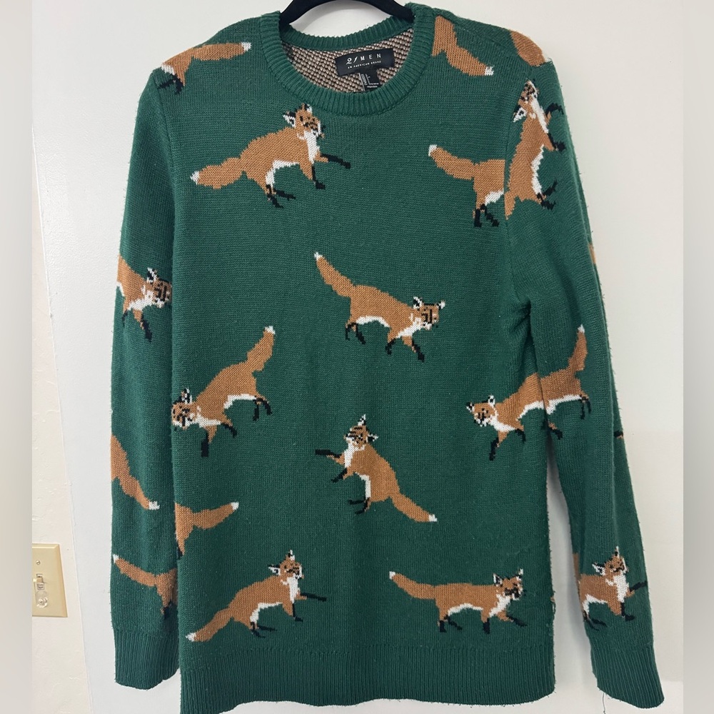 21men Green and Brown Fox Print Knit Sweater